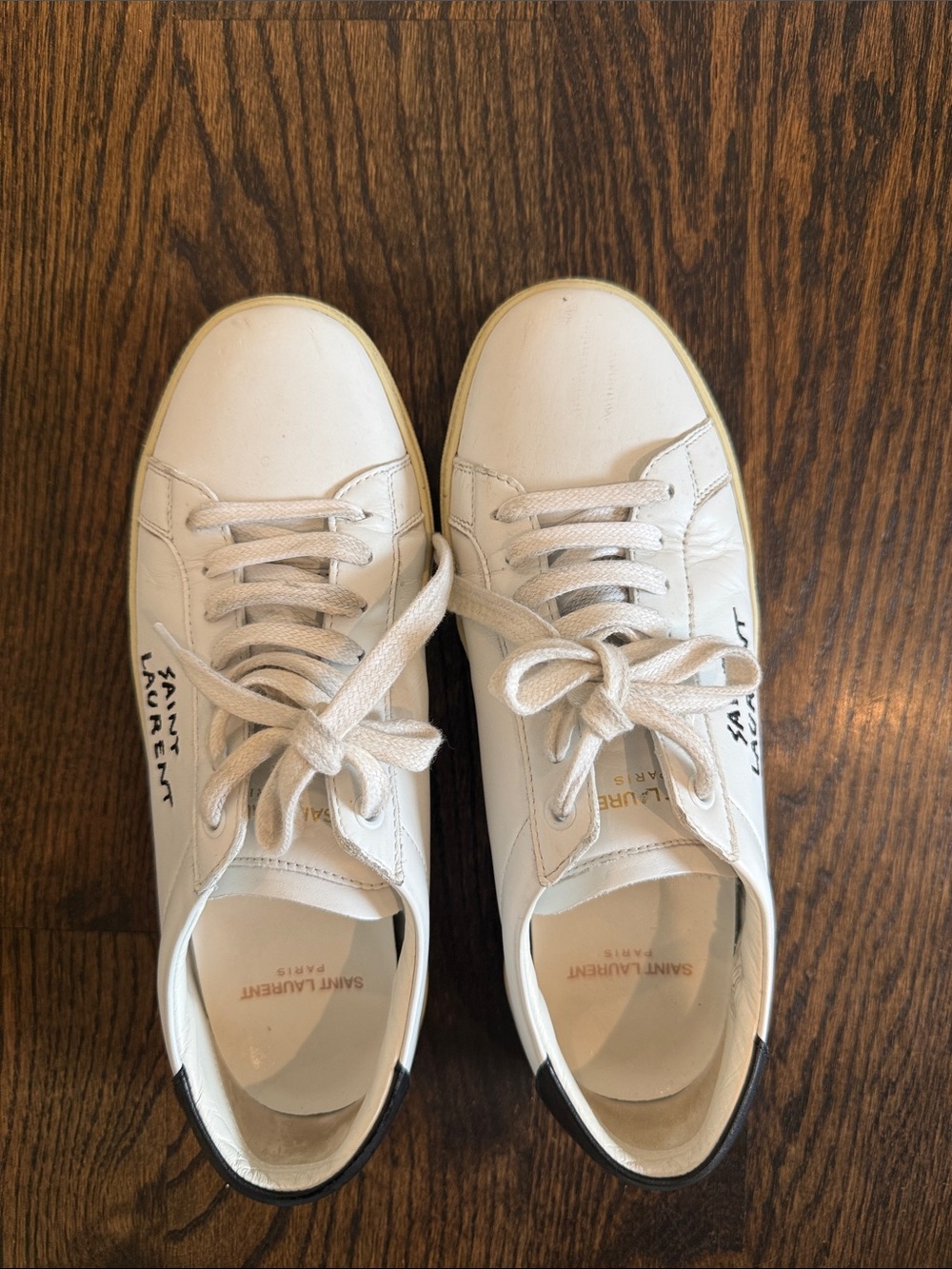 Saint Laurent White Leather Low-Top Sneakers with Black Heel